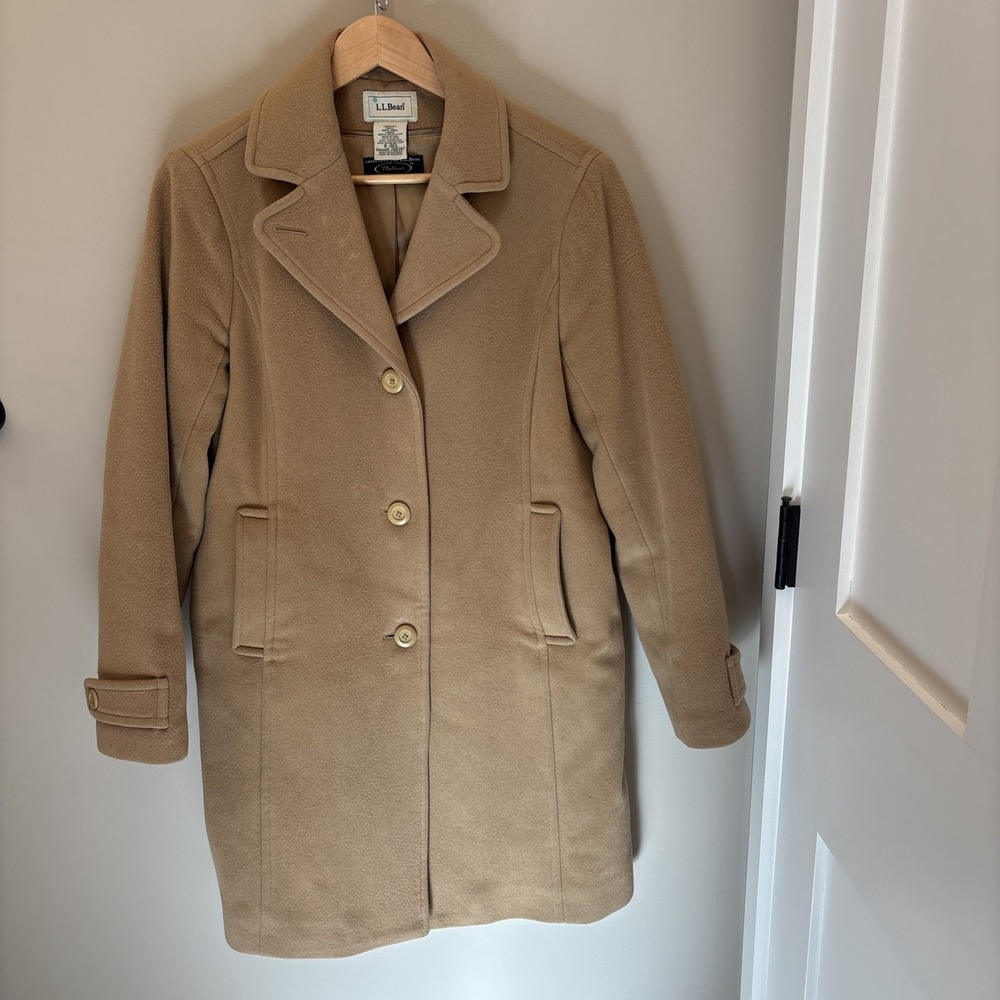 L.L. Bean Lambs Wool Classic Polo Coat Women's 8 Beige 3/4 Length Bellandi - Picture 1 of 16